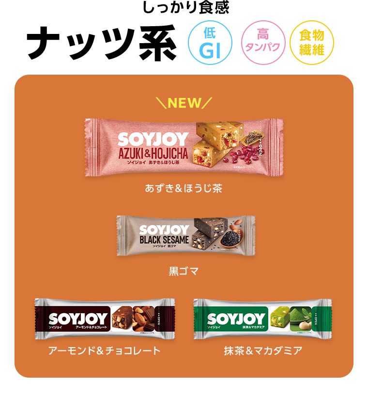 しっかり食感、ナッツ系。低GI、高タンパク、食物繊維。New、あずき&ほうじ茶、黒ゴマ、アーモンド&チョコレート、抹茶&マカダミア