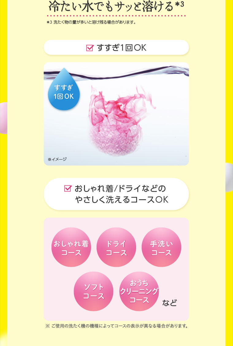 冷たい水でもサッと溶ける。注釈(詳細は本画像をご確認ください)。すすぎ1回OK。おしゃれ着/ドライなどのやさしく洗えるコースOK。イメージ（本画像をご確認ください）