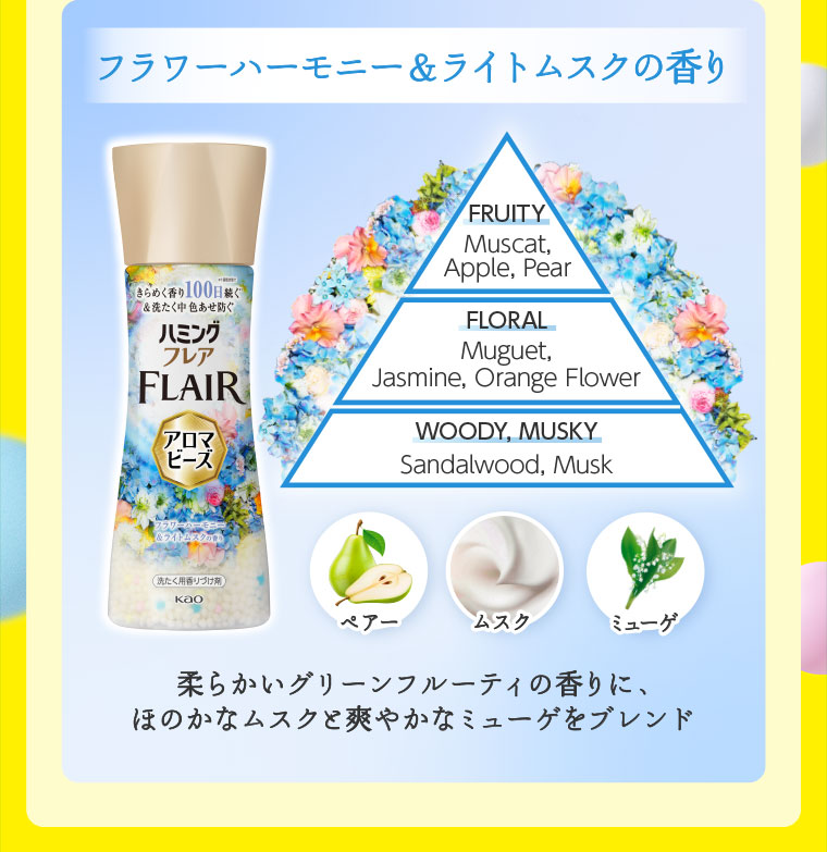 フラワーハーモニー&ライトムスクの香り。柔らかいグリーンフルーティの香りに、ほのかなムスクと爽やかなミューゲをブレンド。図（本画像をご確認ください）