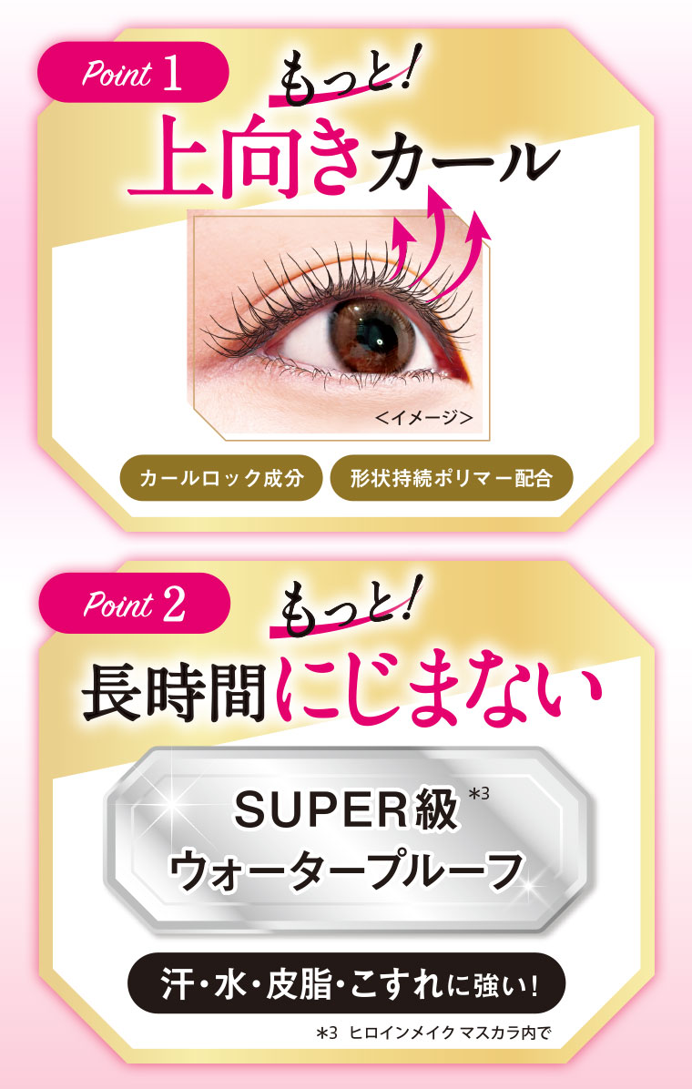 Point 1。もっと!上向きカール。イメージ(本画像をご確認ください)。カールロック成分。形状持続ポリマー配合。Point 2。もっと!長時間にじまない。SUPER級ウォータープルーフ。汗・水・皮脂・こすれに強い。注釈(詳細は本画像をご確認ください)。