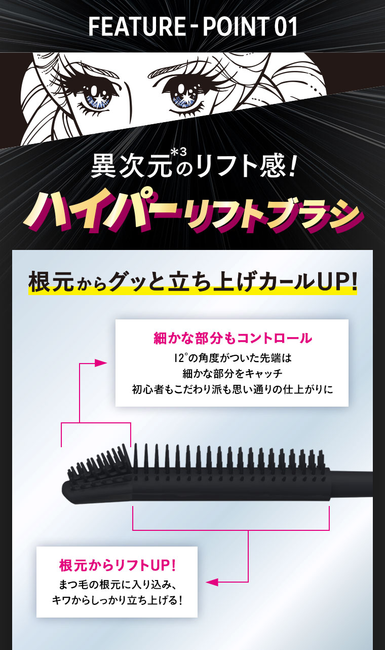 FEATURE-POINT 01。異次元のリフト感。ハイパーリフトブラシ。根元からグッと立ち上げカールUP。細かな部分もコントロール。12度の角度がついた先端は細かな部分をキャッチ。初心者もこだわり派も思い通りの仕上がりに。根元からリフトUP!まつ毛の根元に入り込み、キワからしっかり立ち上げる!