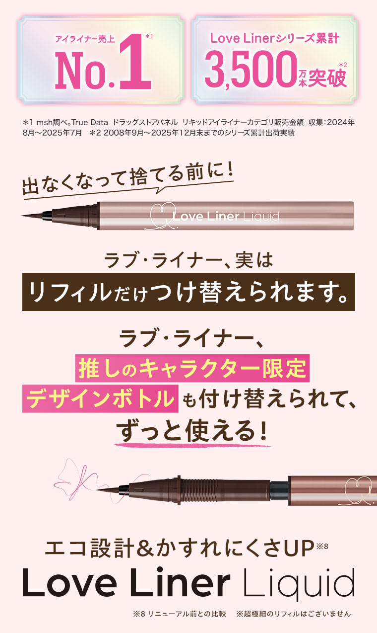 アイライナー売上No.1。Love Linerシリーズ累計3,500万本突破。出なくなって捨てる前に!ラブ・ライナー、実はリフィルだけつけ替えられます。ラブライナー、推しのキャラクター限定デザインボトルも付け替えられて、ずっと使える!エコ設計&かすれにくさUP。Love Liner Liquid.注釈(詳細は本画像をご確認ください)