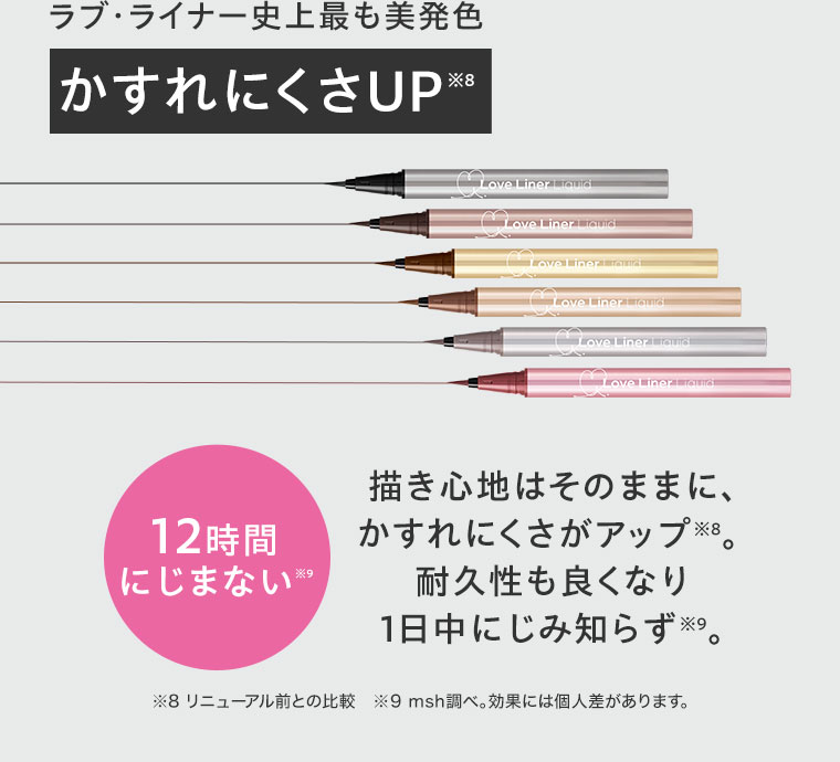 ラブ・ライナー史上最も美発色、かすれにくさUP。12時間にじまない。描き心地はそのままに、かすれにくさがアップ。耐久性も良くなり1日中にじみ知らず。注釈(詳細は本画像をご確認ください)