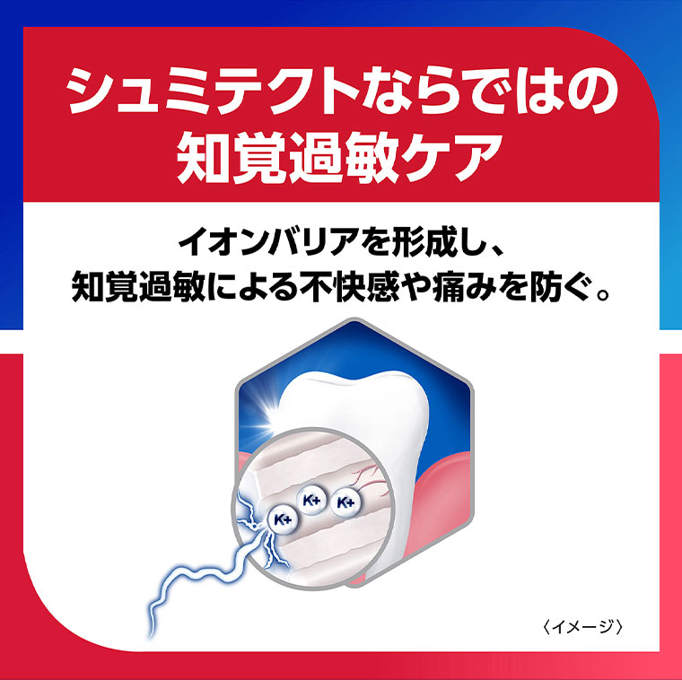 シュミテクトならではの知覚過敏ケア。イオンバリアを形成し、知覚過敏による不快感や痛みを防ぐ。イメージ(本画像をご確認ください)。