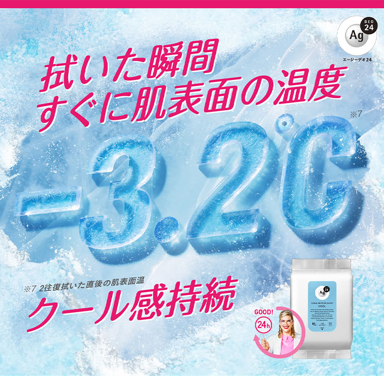 拭いた瞬間、すぐに肌表面の温度－3.2℃。注釈(詳細は本画像をご確認ください)。クール感持続。