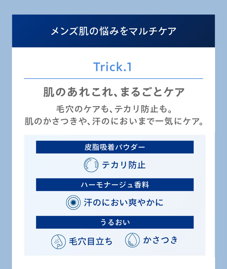 メンズ肌の悩みをマルチケア。Trick.1。肌のあれこれ、まるごとケア。毛穴のケアも、テカリ防止も。肌のかさつきや、汗のにおいまで一気にケア。図（本画像をご確認ください）。