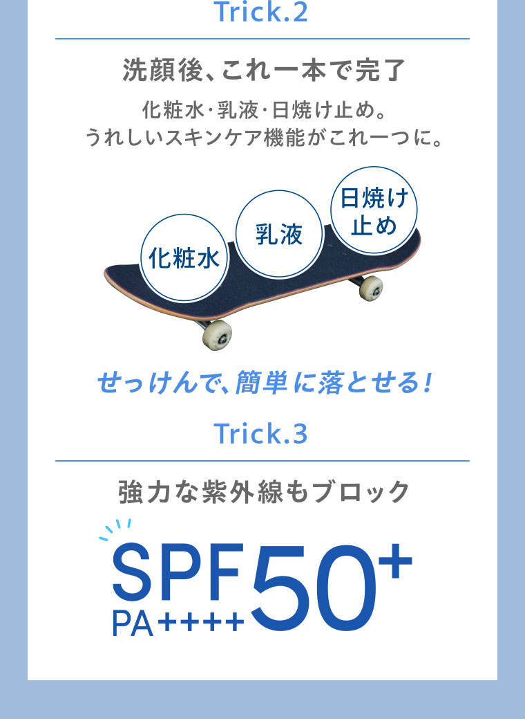 Trick.2。洗顔後、これ一本で完了。化粧水・乳液・日焼け止め。うれしいスキンケア機能がこれ一つに。図（本画像をご確認ください）。せっけんで、簡単に落とせる!Trick.3。強力な紫外線もブロック。SPF50+。PA++++。