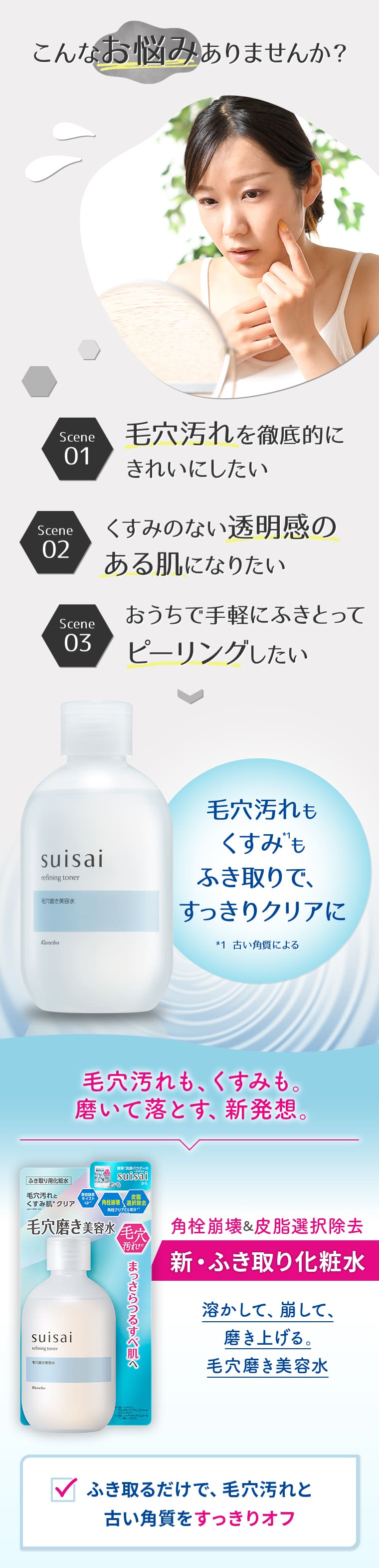 こんなお悩みありませんか？ Scene 01 毛穴汚れを徹底的にきれいにしたい Scene 02 くすみのない透明感のある肌になりたい Scene 03 おうちで手軽にふきとってピーリングしたい 毛穴汚れもくすみ*1もふき取りで、すっきりクリアに *1 古い角質による 毛穴汚れも、くすみも。磨いて落とす、新発想。 角栓崩壊＆皮脂選択除去 新・ふき取り化粧水 溶かして、崩して、磨き上げる。毛穴磨き美容水 ふき取るだけで、毛穴汚れと古い角質をすっきりオフ