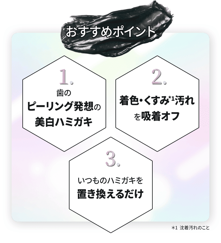 おすすめポイント「歯のピーリング発想の美白ハミガキ、着色・くすみ汚れを吸着オフ、いつものハミガキを置き換えるだけ」