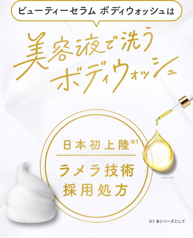 ビューティーセラム ボディウォッシュは、美容液で洗うボディウォッシュ。日本初上陸、ラメラ技術採用処方。注釈(詳細は本画像をご確認ください)。