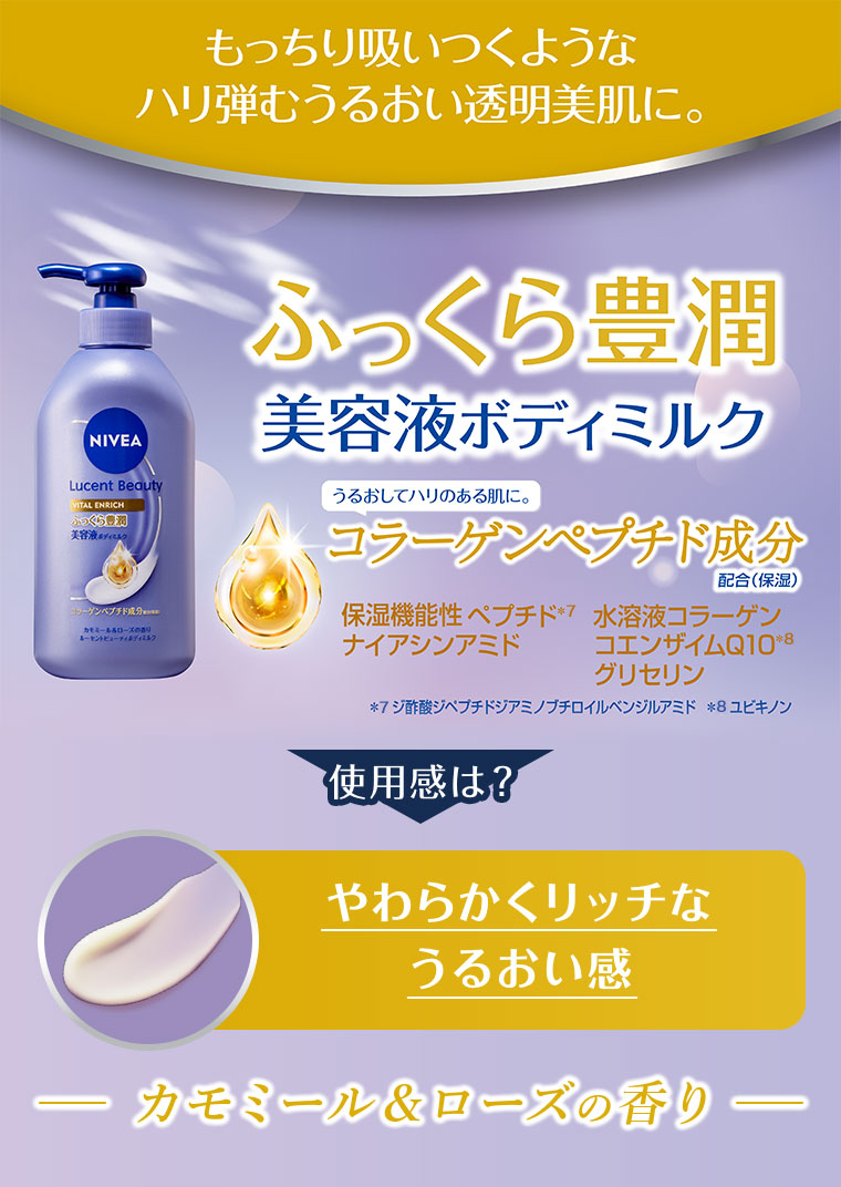 もっちり吸いつくようなハリ弾むうるおい透明美肌に。ふっくら豊潤美容液ボディミルク。うるおしてハリのある肌に。コラーゲンペプチド成分 配合(保湿)。保湿機能性ペプチド、水溶性コラーゲン、ナイアシンアミド、コエンザイムQ10、グリセリン。注釈(詳細は本画像をご確認ください)。使用感は? やわらかくリッチなうるおい感。カモミール&ローズの香り。