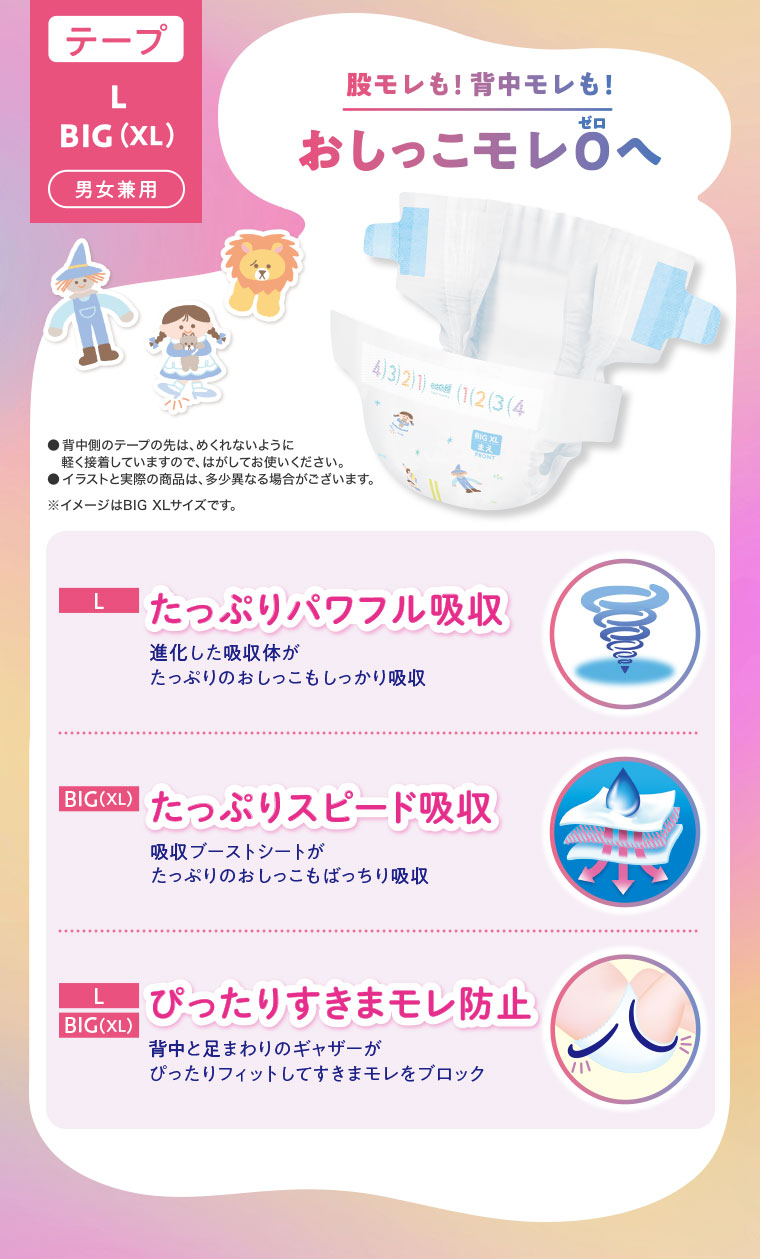 テープ。L・BIG(XL)。男女兼用。股モレも！背中モレも！おしっこモレ0へ。注釈(詳細は本画像をご確認ください)。L、たっぷりパワフル吸収。進化した吸収体がたっぷりのおしっこもしっかり吸収。BIG(XL)、たっぷりスピード吸収。吸収ブーストシートがたっぷりのおしっこもばっちり吸収。L・BIG(XL)、ぴったりすきまモレ防止。背中と足まわりのギャザーがぴったりフィットしてすきまモレをブロック。