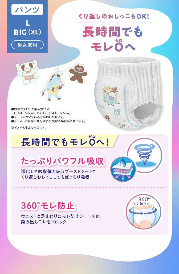 パンツ。L・BIG(XL)。男女兼用。くり返しのおしっこもOK！長時間でもモレ0へ！注釈(詳細は本画像をご確認ください)。たっぷりパワフル吸収。進化した吸収体と吸収ブーストシートで、くり返しおしっこしてもばっちり吸収。360°モレ防止。ウエストと足まわりにモレ防止シートをIN、染み出しモレをブロック。