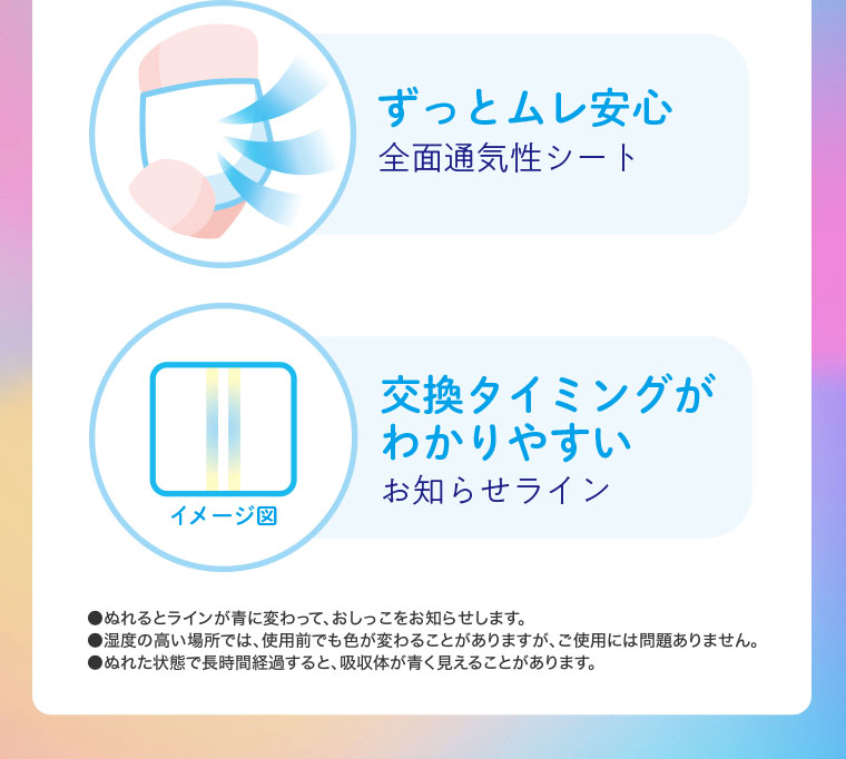 ずっとムレ安心。全面通気性シート。交換タイミングがわかりやすい。お知らせライン。イメージ(本画像をご確認ください)。注釈(詳細は本画像をご確認ください)。