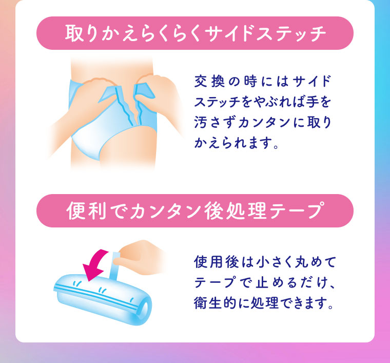 取りかえらくらくサイドステッチ。交換の時にはサイドステッチをやぶれば、手を汚さずカンタンに取りかえられます。便利でカンタン後処理テープ。使用後は小さく丸めてテープで止めるだけ、衛生的に処理できます。