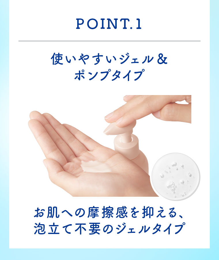 POINT.1 使いやすいジェル＆ポンプタイプ。お肌への摩擦感を抑える、泡立て不要のジェルタイプ。