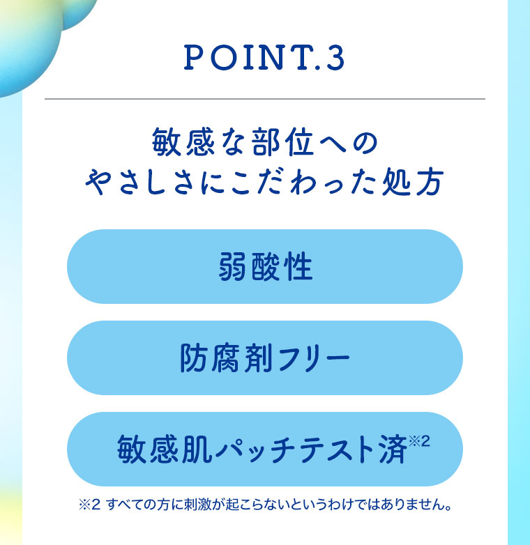 POINT.3 敏感な部位へのやさしさにこだわった処方。弱酸性。防腐剤フリー。敏感肌パッチテスト済。注釈(詳細は本画像をご確認ください)。