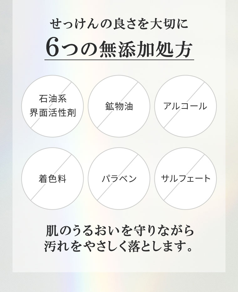 せっけんの良さを大切に。6つの無添加処方。石油系界面活性剤、鉱物油、アルコール、着色料、パラベン、サルフェート。肌のうるおいを守りながら、汚れをやさしく落とします。