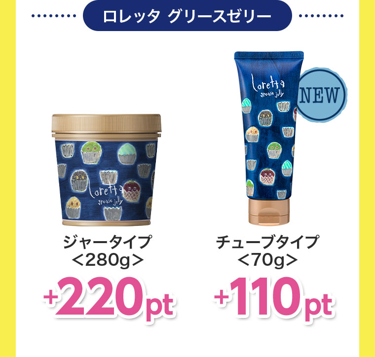 ロレッタ グリースゼリー。ジャータイプ 280g、+220pt。チューブタイプ 70g、+110pt。