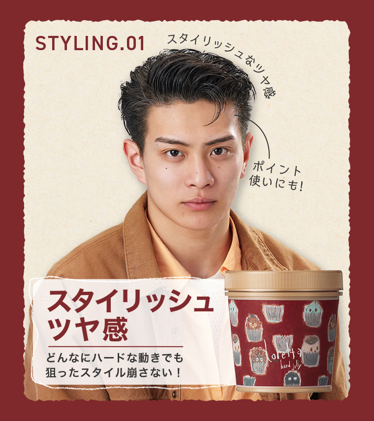 STYLING.01。イメージ(本画像をご確認ください)。スタイリッシュ、ツヤ感。どんなにハードな動きでも狙ったスタイル崩さない！