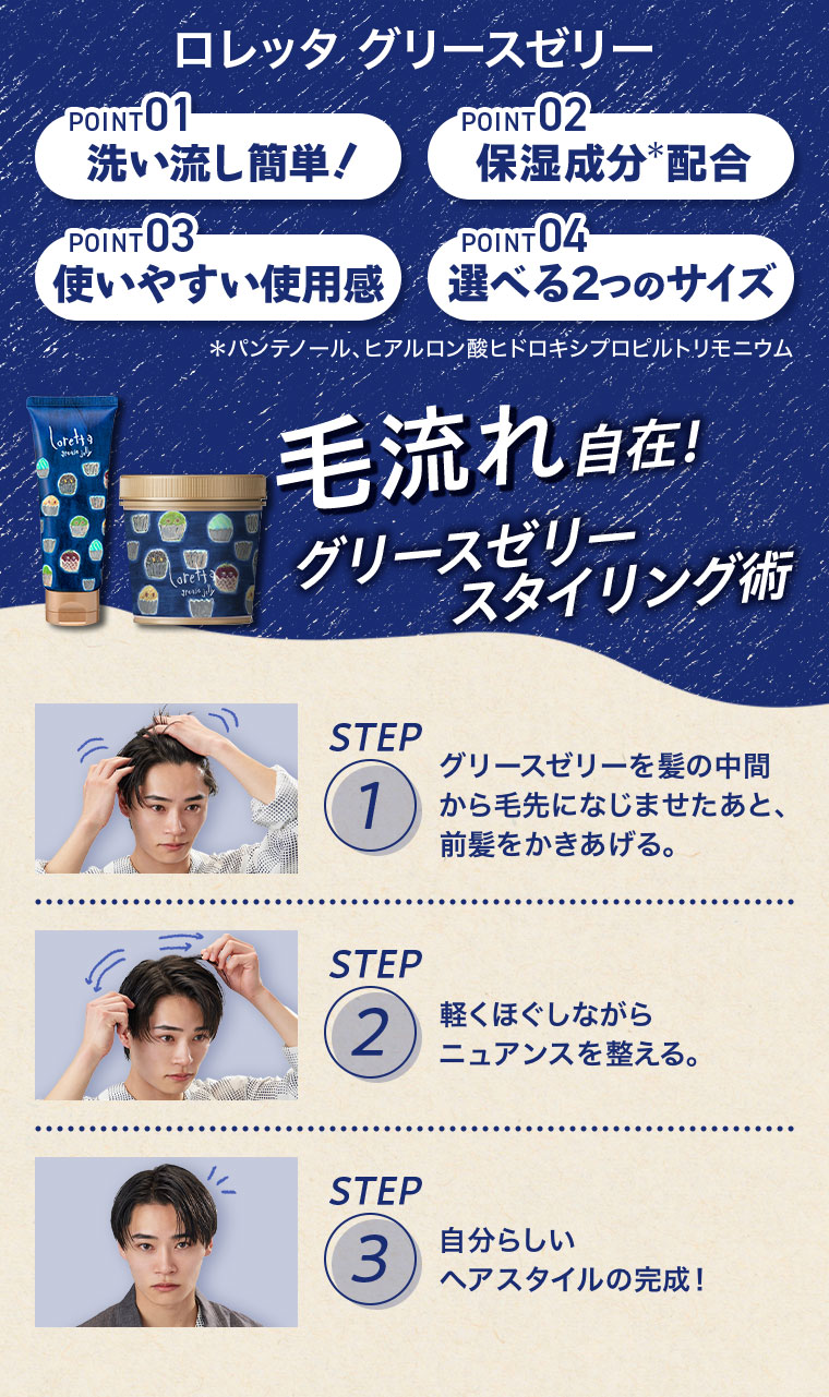 ロレッタ グリースゼリー。POINT01、洗い流し簡単。POINT02、保湿成分配合。注釈(詳細は本画像をご確認ください)。POINT03、使いやすい使用感。POINT04、選べる2つのサイズ。毛流れ自在！グリースゼリースタイリング術。STEP1、グリースゼリーを髪の中間から毛先になじませたあと、前髪をかきあげる。STEP2、軽くほぐしながらニュアンスを整える。STEP3、自分らしいヘアスタイルの完成！