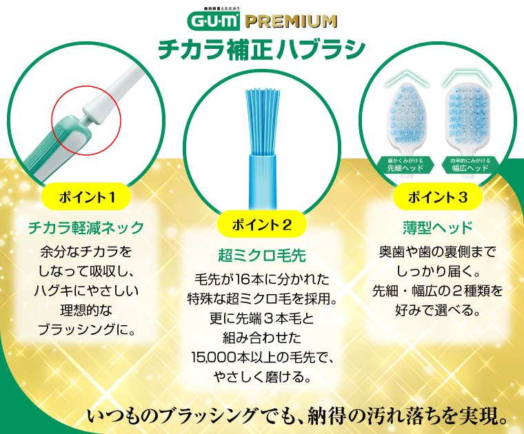 GUMプレミアム　チカラ補正ハブラシ　ポイント