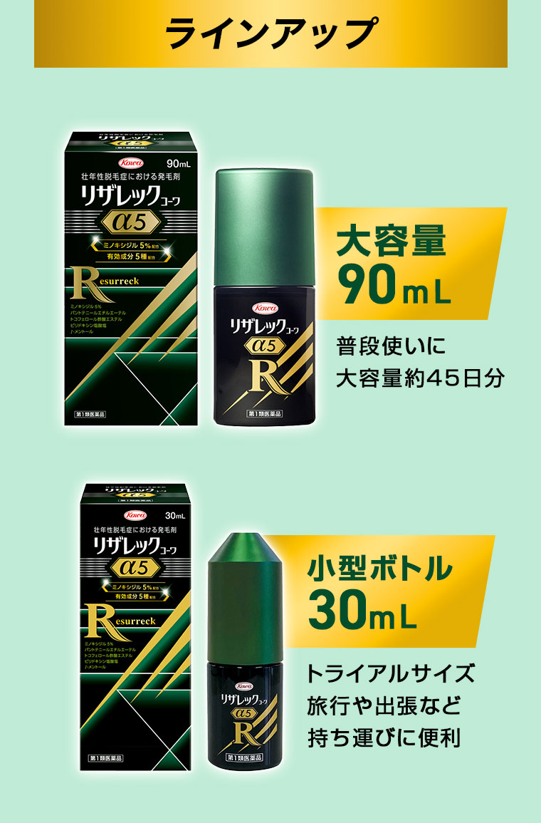 ラインアップ。大容量90mL。普段使いに大容量約45日分。小型ボトル30mL。トライアルサイズ、旅行や出張など持ち運びに便利。