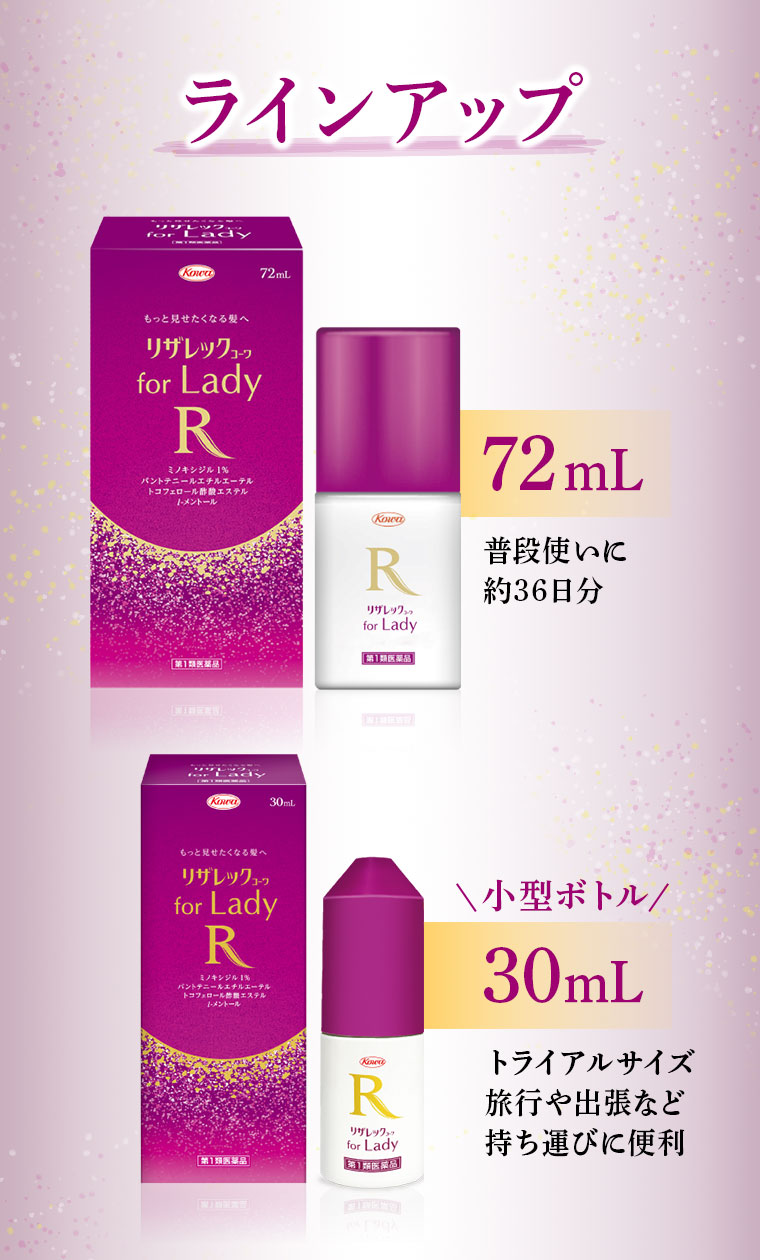 ラインアップ。72mL、普段使いに、約36日分。小型ボトル30mL、トライアルサイズ、旅行や出張など持ち運びに便利。