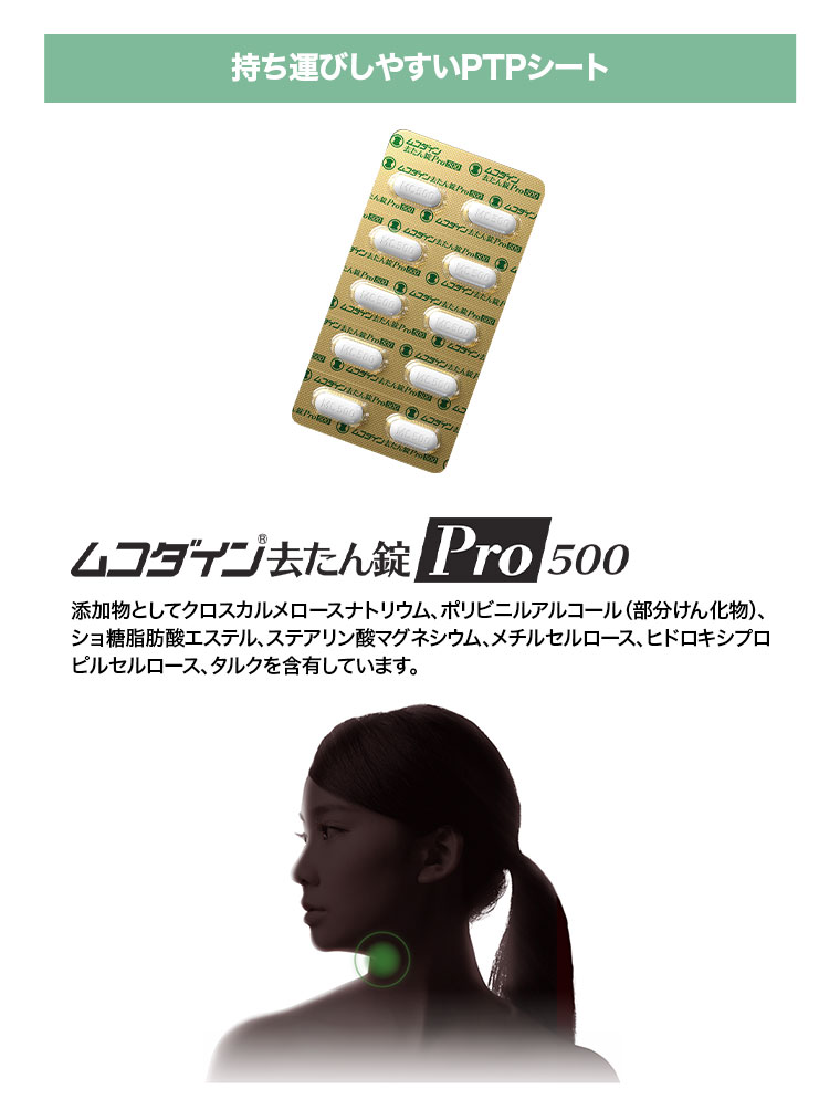 持ち運びしやすいPTPシート。ムコダイン去たん錠 Pro 500。注釈(詳細は本画像をご確認ください)