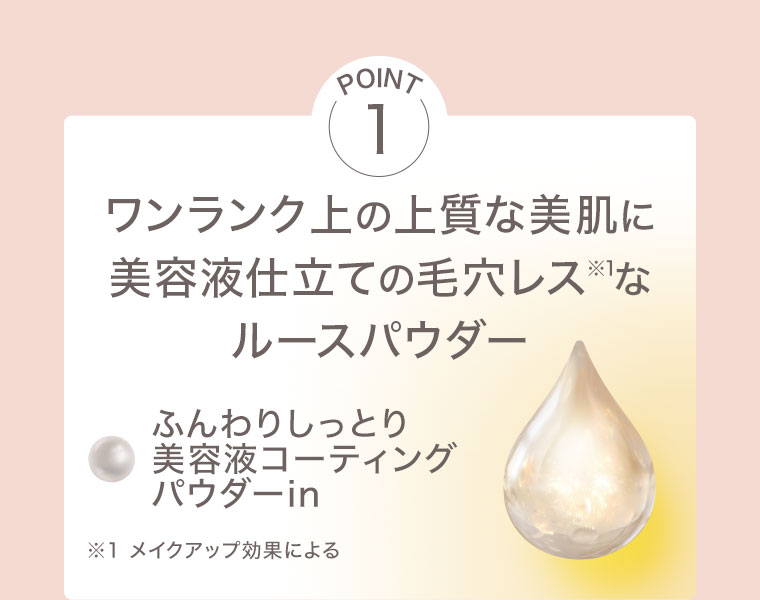 POINT1。ワンランク上の上質な美肌に。美容液仕立ての毛穴レスなルースパウダー。ふんわりしっとり美容液コーティングパウダーin。注釈(詳細は本画像をご確認ください)。