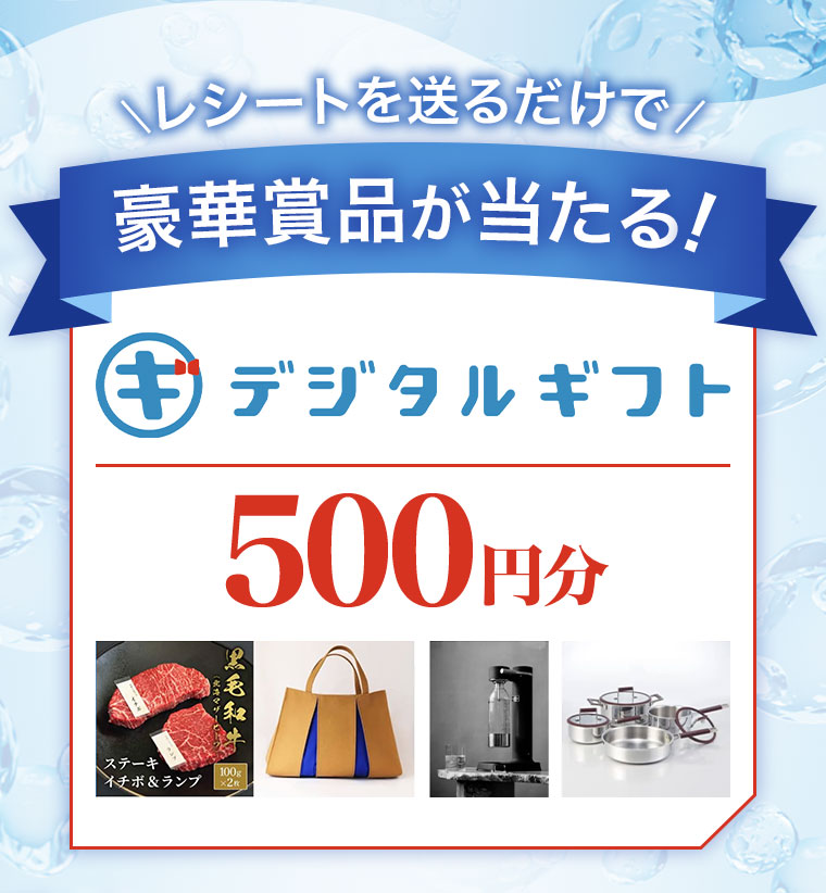 レシートを送るだけで豪華賞品が当たる！デジタルギフト500円分。