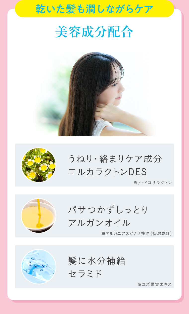 乾いた髪も潤しながらケア。美容成分配合。うねり・絡まりケア成分、エルカラクトンDES。パサつかずしっとり、アルガンオイル。髪に水分補給、セラミド。注釈(詳細は本画像をご確認ください)。