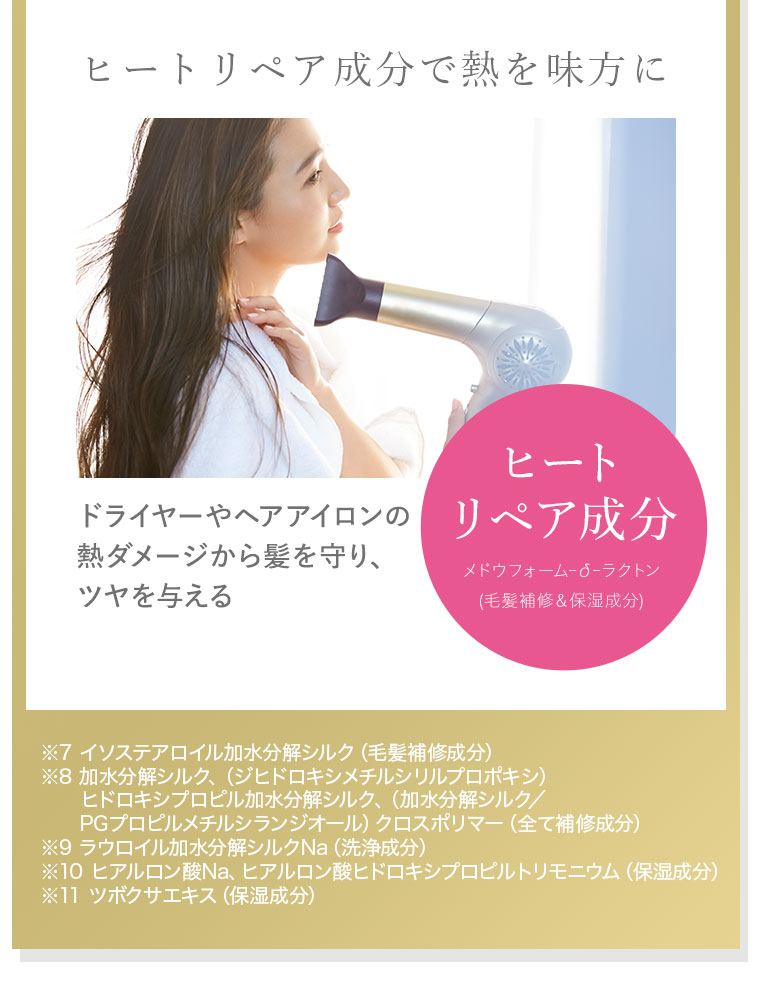 ヒートリペア成分で熱を味方に。ドライヤーやヘアアイロンの熱ダメージから髪を守り、ツヤを与える。注釈(詳細は本画像をご確認ください)。
