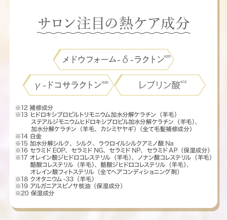 サロン注目の熱ケア成分。メドウフォーム-δ-ラクトン。γ-ドコサラクトン。レブリン酸。注釈(詳細は本画像をご確認ください)。
