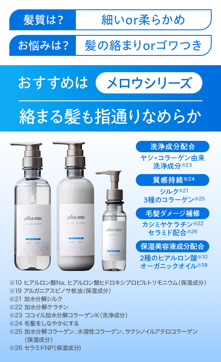 髪質は？細いor柔らかめ。お悩みは？髪の絡まりorゴワつき。おすすめはメロウシリーズ。絡まる髪も指通りなめらか。洗浄成分配合、ヤシ・コラーゲン由来洗浄成分。質感持続、シルク、3種のコラーゲン。毛髪ダメージ補修、カシミヤケラチン、セラミド配合。保湿美容液成分配合、2種のヒアルロン酸、オーガニックオイル。注釈(詳細は本画像をご確認ください)。