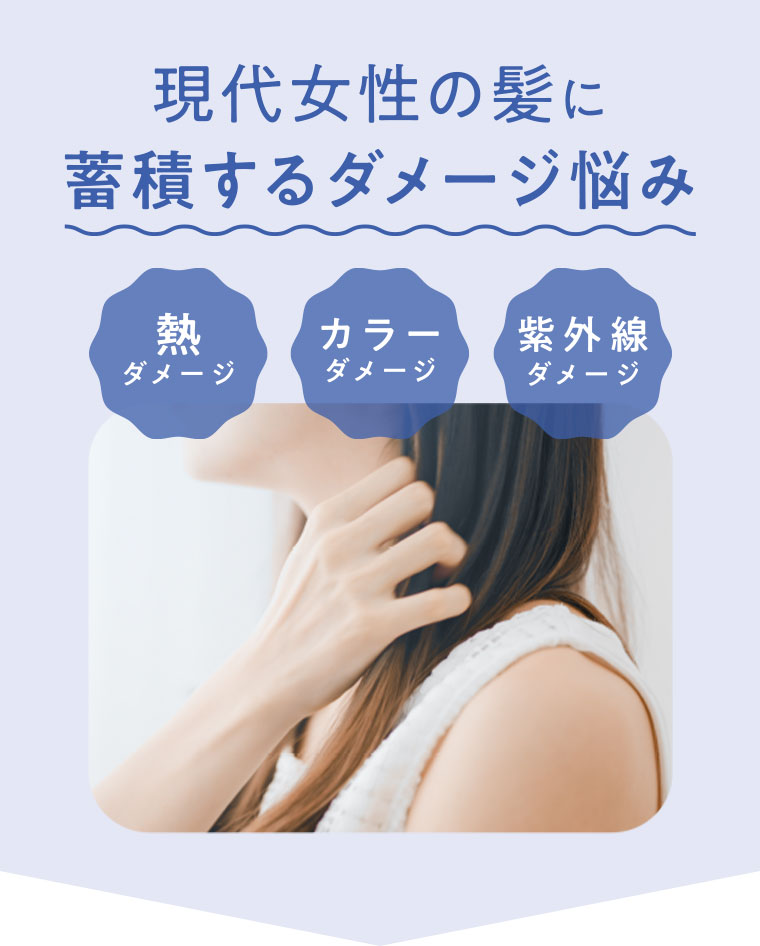 現代女性の髪に蓄積するダメージ悩み。熱ダメージ、カラーダメージ、紫外線ダメージ。
