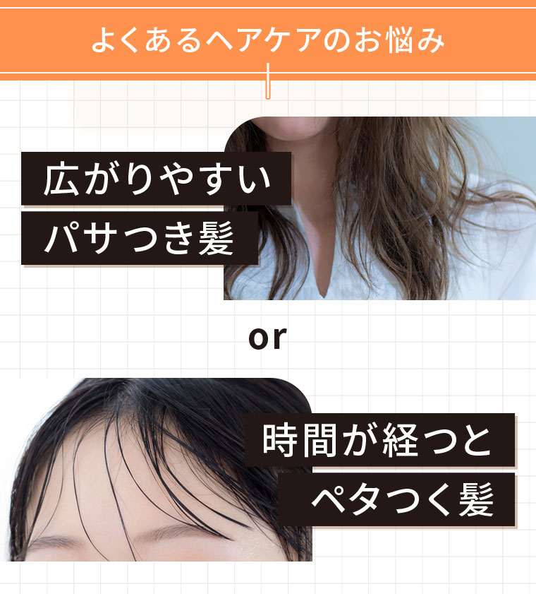 よくあるヘアケアのお悩み。広がりやすいパサつき髪。時間が経つとペタつく髪。