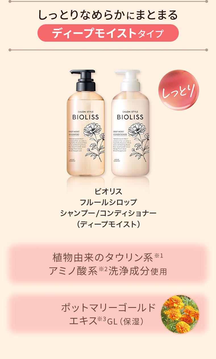 しっとりなめらかにまとまる。ディープモイストタイプ。しっとり。ビオリス フルールシロップ シャンプー、コンディショナー(ディープモイスト)。植物由来のタウリン系、アミノ酸系洗浄成分使用、ポットマリーゴールドエキスGL(保湿)。