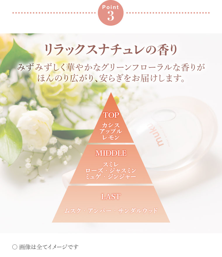 Point 3.リラックスナチュレの香り。みずみずしく華やかなグリーンフローラルな香りがほんのり広がり、安らぎをお届けします。図(本画像をご確認ください)。
