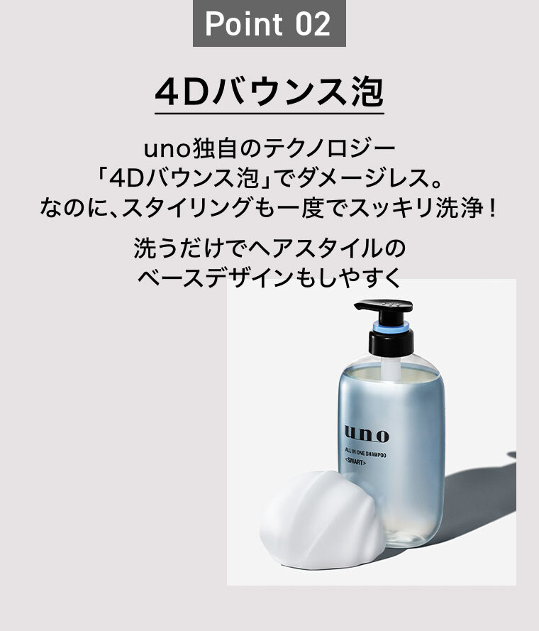 Point 02。4Dバウンス泡。uno独自のテクノロジー「4Dバウンス泡」でダメージレス。なのに、スタイリングも一度でスッキリ洗浄！洗うだけでヘアスタイルのベースデザインもしやすく。