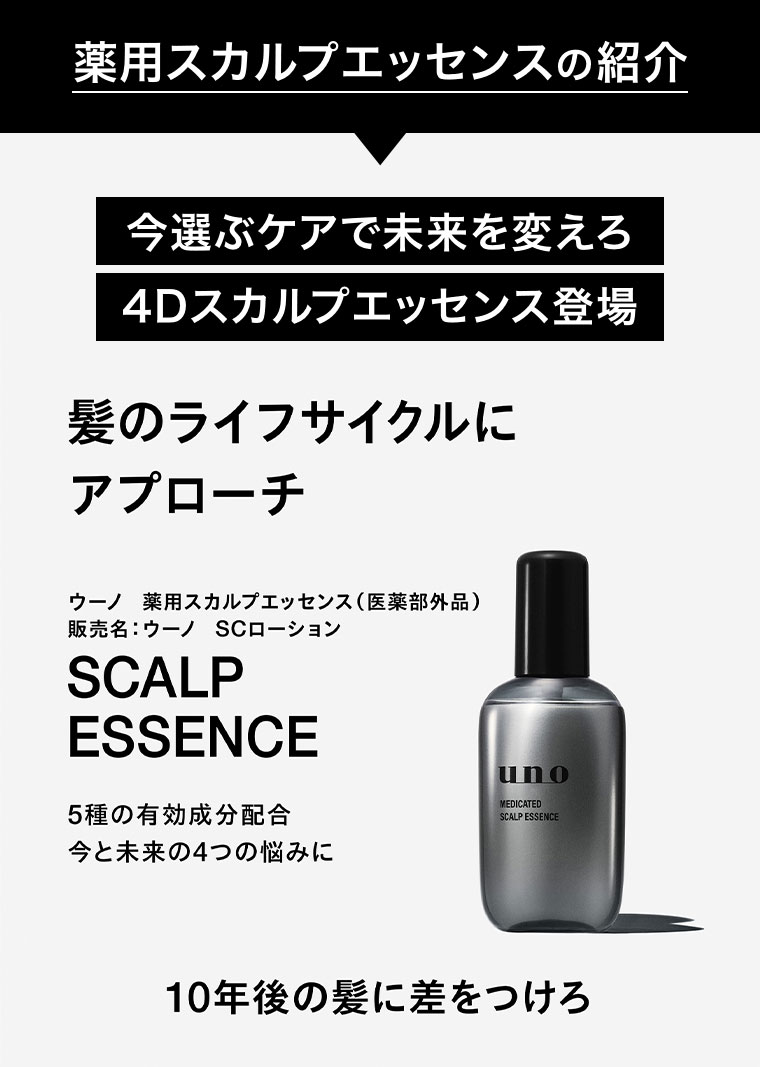 薬用スカルプエッセンスの紹介。今選ぶケアで未来を変えろ。4Dスカルプエッセンス登場。髪のライフサイクルにアプローチ。ウーノ 薬用スカルプエッセンス(医薬部外品)。販売名 ウーノ SCローション。SCALP ESSENCE。5種の有効成分配合。今と未来の4つの悩みに。10年後の髪に差をつけろ。