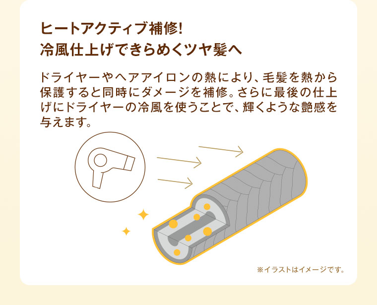 ヒートアクティブ補修! 冷風仕上げできらめくツヤ髪へ。ドライヤーやヘアアイロンの熱により、毛髪を熱から保護すると同時にダメージを補修。さらに最後の仕上げにドライヤーの冷風を使うことで、輝くような艶感を与えます。イメージ(本画像をご確認ください)。