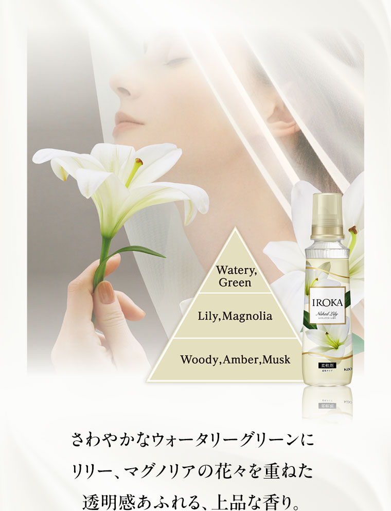 図（本画像をご確認ください）。さわやかなウォータリーグリーンにリリー、マグノリアの花々を重ねた透明感あふれる、上品な香り。