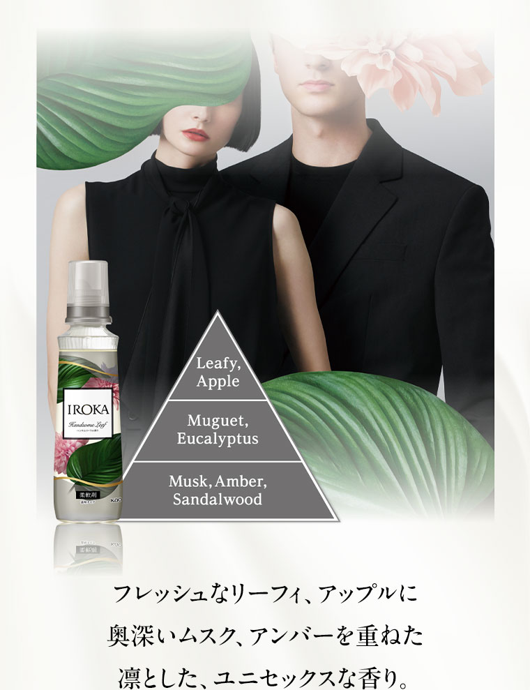 図（本画像をご確認ください）。フレッシュなリーフィ、アップルに奥深いムスク、アンバーを重ねた凛とした、ユニセックスな香り。