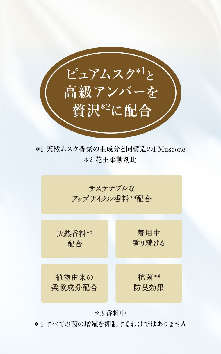 ピュアムスクと高級アンバーを贅沢に配合。サステナブルなアップサイクル香料配合。天然香料配合。着用中香り続ける。植物由来の柔軟成分配合。抗菌防臭効果。注釈(詳細は本画像をご確認ください)。