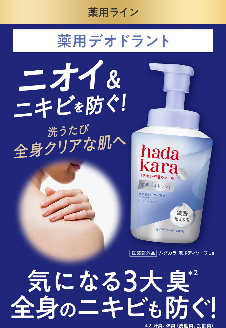 薬用ライン。薬用デオドラント。ニオイ＆ニキビを防ぐ！洗うたび全身クリアな肌へ。気になる3大臭、全身のニキビも防ぐ！注釈(詳細は本画像をご確認ください)