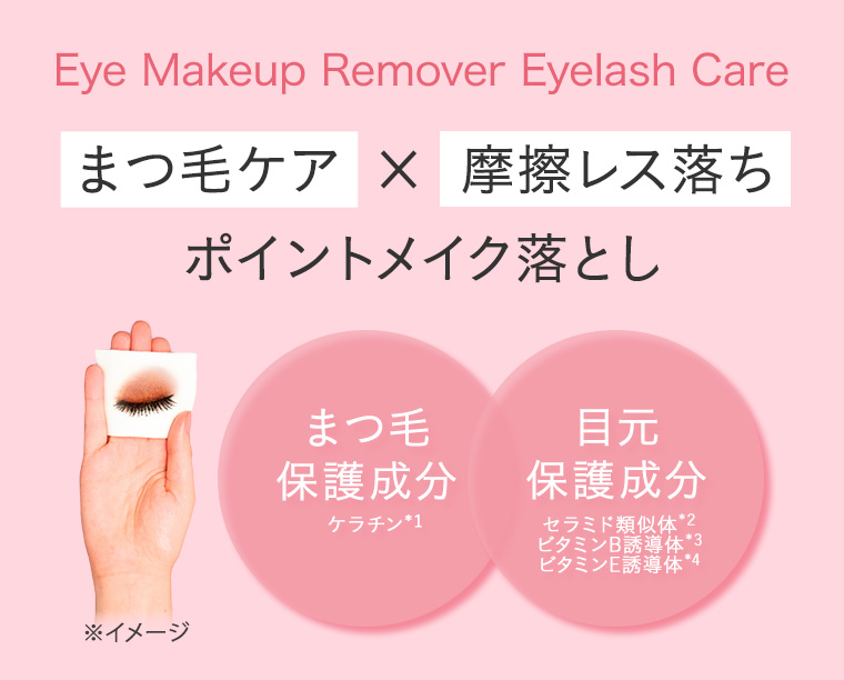 Eye Makeup Remover Eyelash Care。まつ毛ケア×摩擦レス落ち ポイントメイク落とし。イメージ(本画像をご確認ください)。まつ毛保護成分。目元保護成分。注釈(詳細は本画像をご確認ください)。