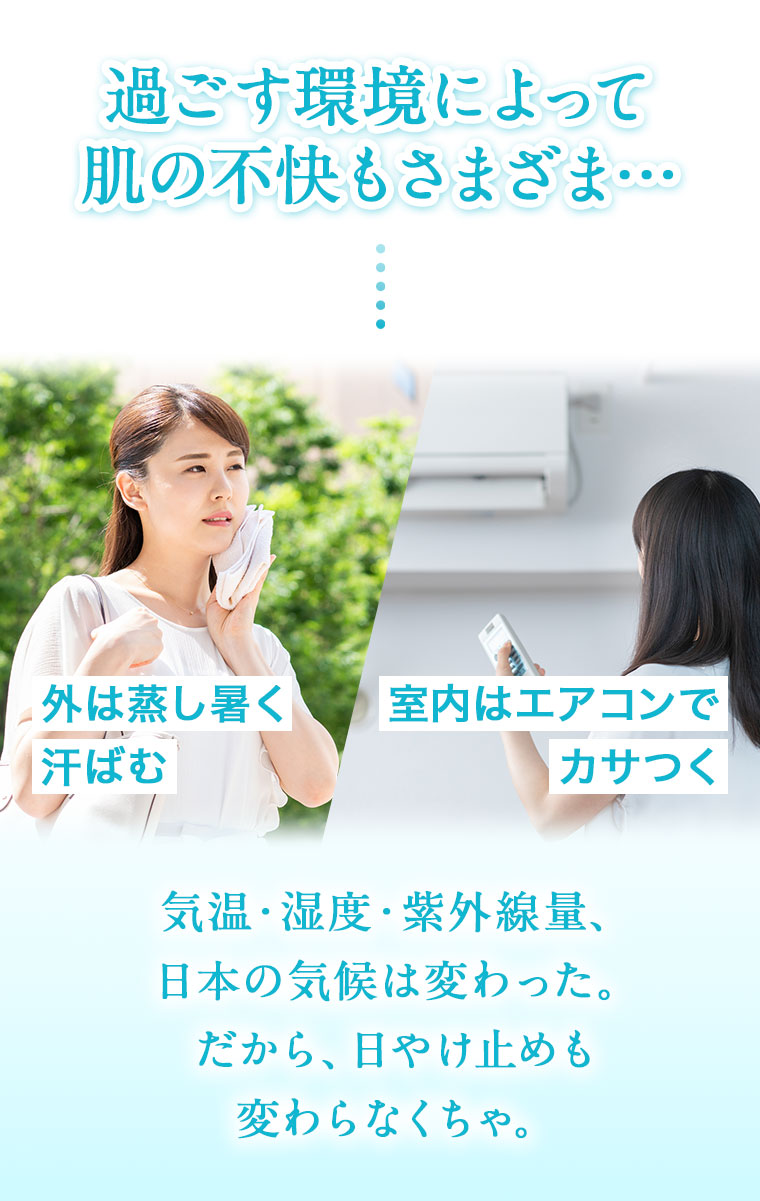 過ごす環境によって肌の不快もさまざま。外は蒸し暑く、汗ばむ。室内はエアコンでカサつく。気温・湿度・紫外線量、日本の気候は変わった。だから、日やけ止めも変わらなくちゃ。
