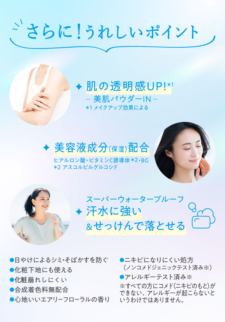 さらに！うれしいポイント。肌の透明感UP！美肌パウダーIN。美容液成分(保湿)配合。ヒアルロン酸・ビタミンC誘導体・BG。スーパーウォータープルーフ。汗水に強い＆せっけんで落とせる。日やけによるシミ・そばかすを防ぐ。ニキビになりにくい処方。化粧下地にも使える。化粧崩れしにくい。アレルギーテスト済み。合成着色料無配合。心地いいエアリーフローラルの香り。注釈(詳細は本画像をご確認ください)。