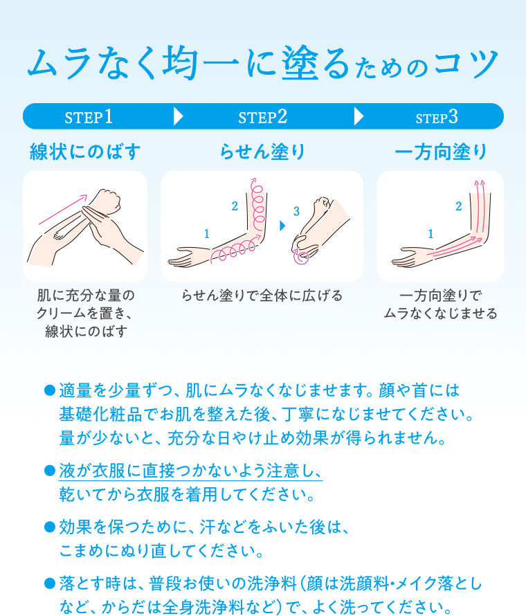 ムラなく均一に塗るためのコツ。STEP1 線状にのばす。肌に充分な量のクリームを置き、線状にのばす。STEP2 らせん塗り。らせん塗りで全体に広げる。STEP3 一方向塗り。一方向塗りでムラなくなじませる。適量を少量ずつ、肌にムラなくなじませます。顔や首には基礎化粧品でお肌を整えた後、丁寧になじませてください。量が少ないと、充分な日やけ止め効果が得られません。液が衣服に直接つかないよう注意し、乾いてから衣服を着用してください。効果を保つために、汗などをふいた後は、こまめにぬり直してください。落とす時は、普段お使いの洗浄料(顔は洗顔料・メイク落としなど、からだは全身洗浄料など)で、よく洗ってください。